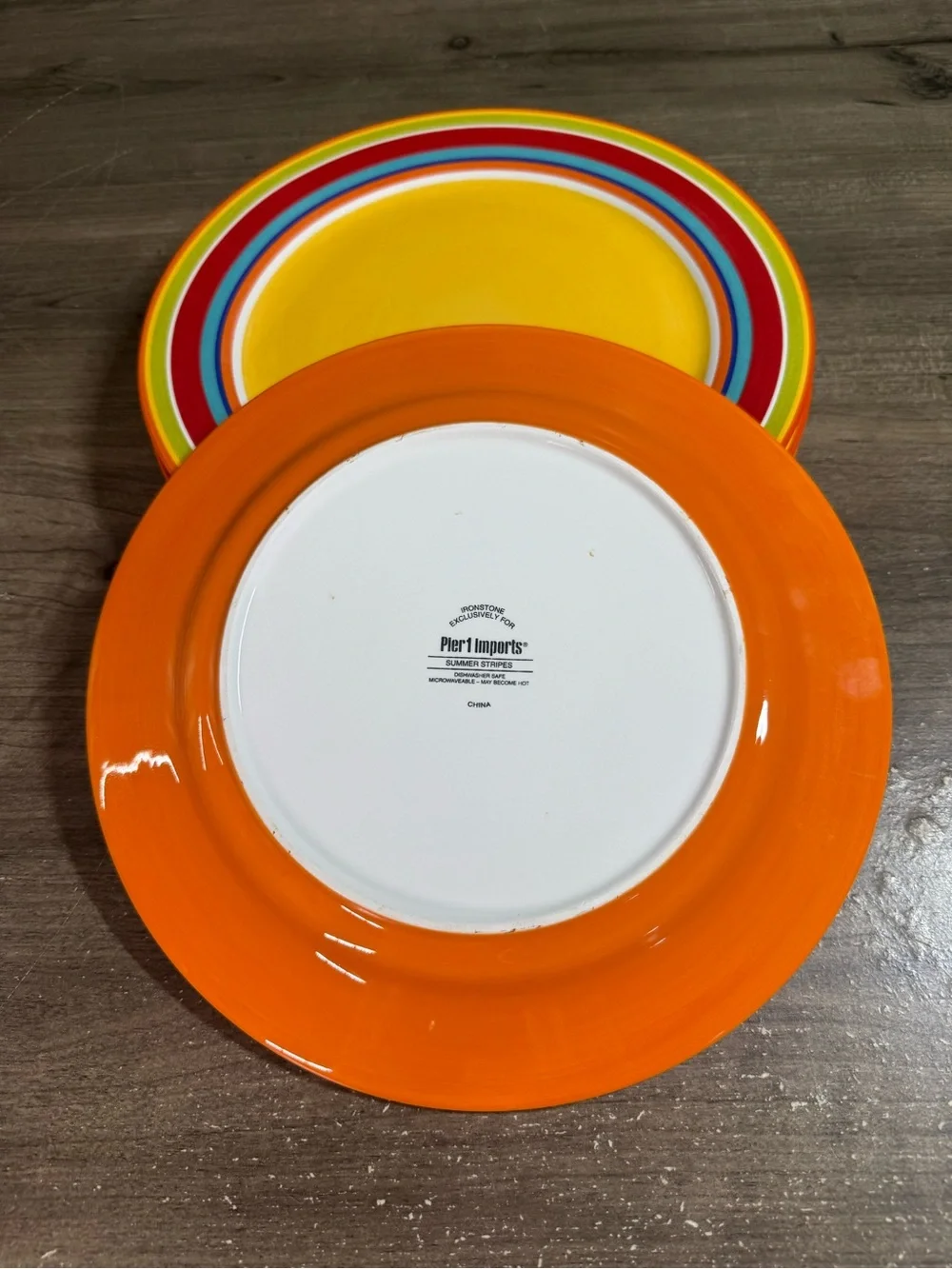 (4) Pier 1 Imports Summer Stripes Ironstone Colorful Dinner Plates 10.75”